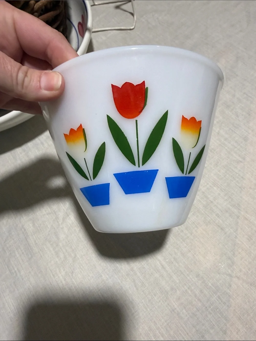 Fire king White milk glass Tulip mixing bowl grease jar